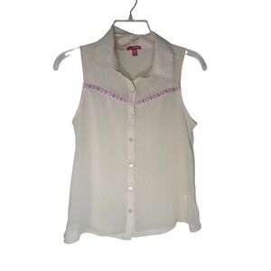 Bongo Womens Sleeveless Button Down Top Cream Embroidered Boho Chiffon Blouse M
